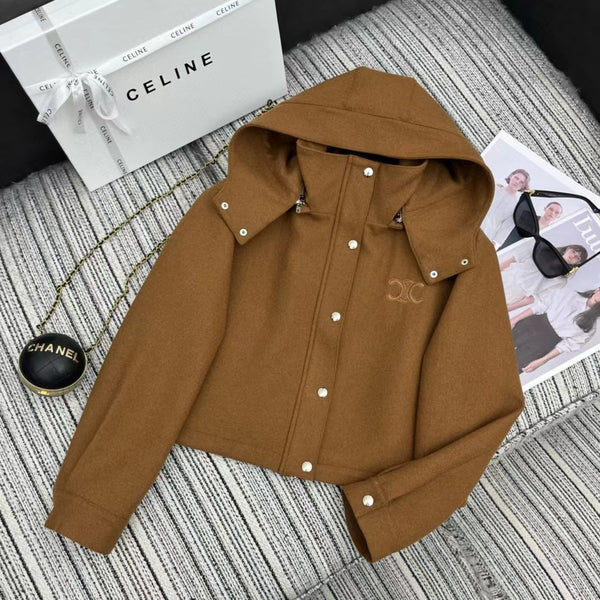 Triomphe Embroidered Hooded Jacket In Tan Cotton