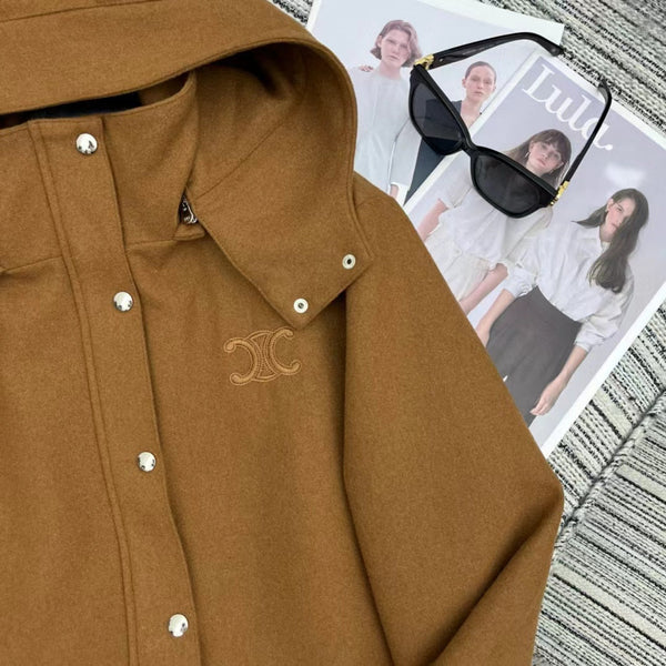 Triomphe Embroidered Hooded Jacket In Tan Cotton