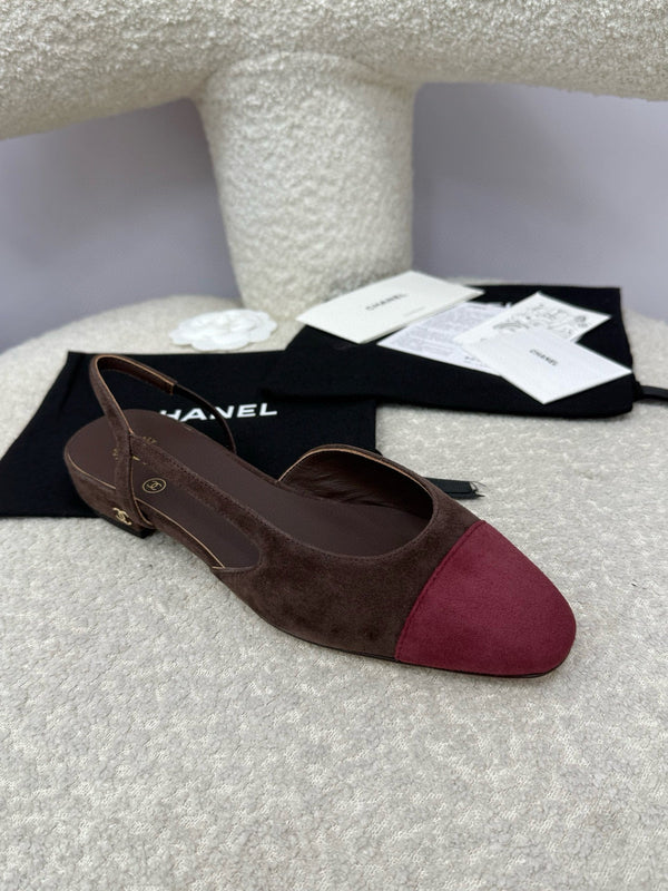 CC 25A Slingback Flat Chocolate Dark Red Suede