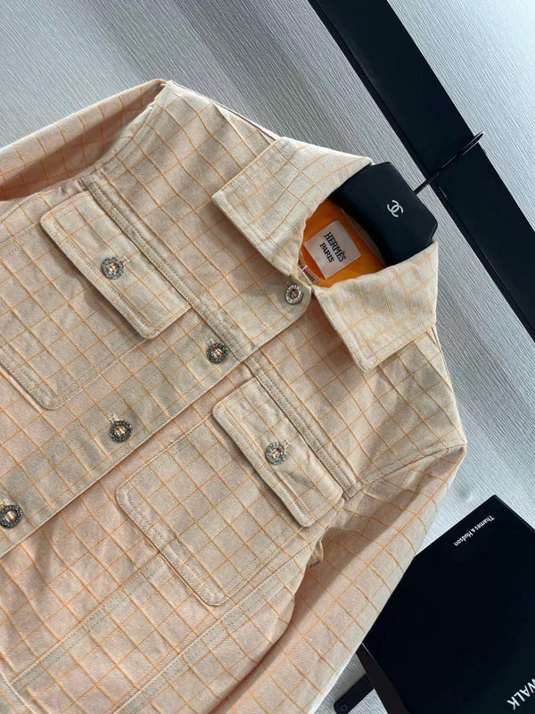 Hermes Plaid Jacket Beige Cotton