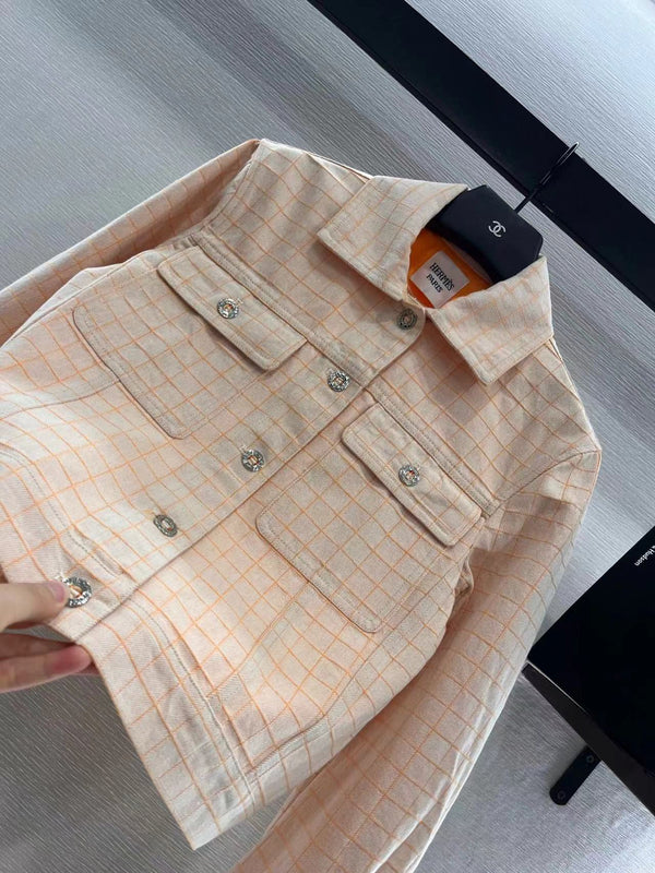 Hermes Plaid Jacket Beige Cotton