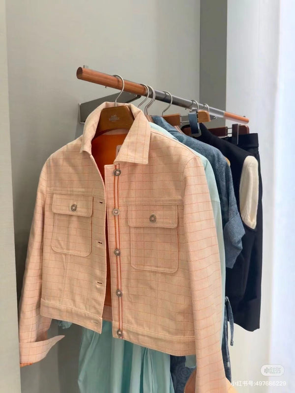 Hermes Plaid Jacket Beige Cotton
