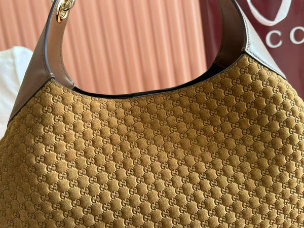 Gucci B Medium Shoulder Bag Brown Suede Leather