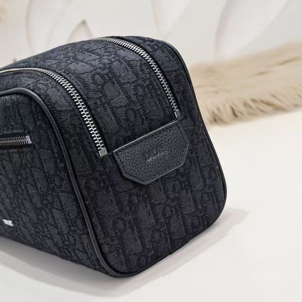 Toiletry Bag Black Dior Oblique Jacquard and Black Grained Calfskin