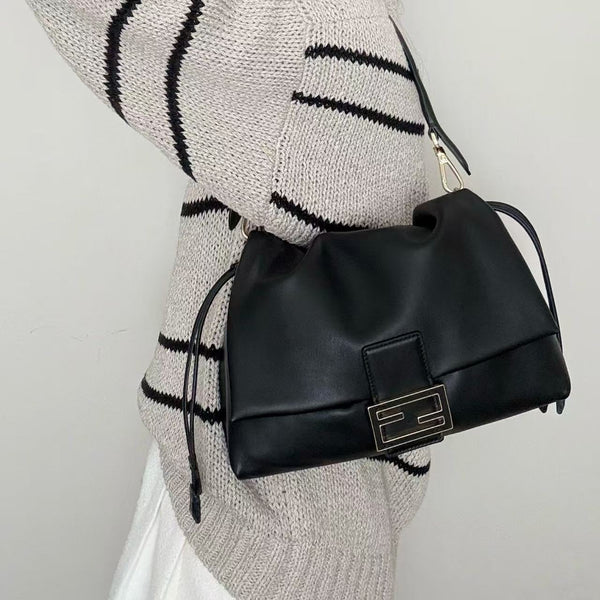 Fendi Mamma Baguette Drawstring Shoulder Bag Black Nappa Leather