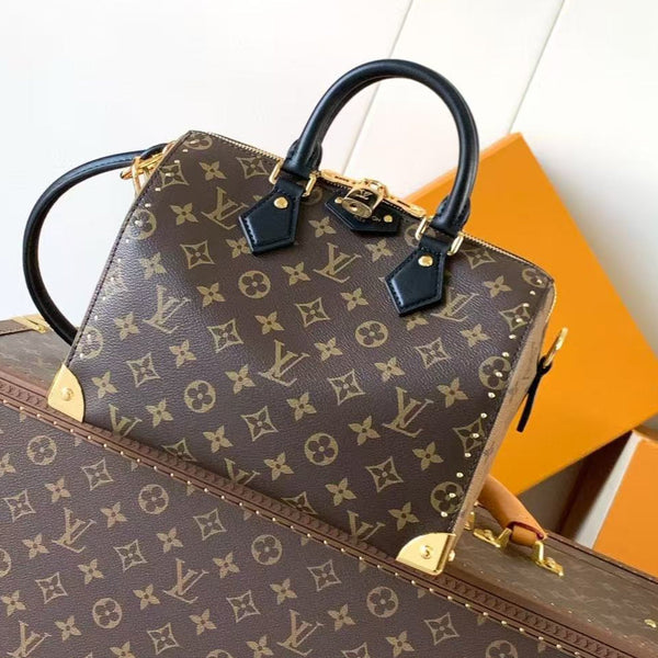LV Speedy Trunk Bag 20cm Black Brown Cowhide Canvas