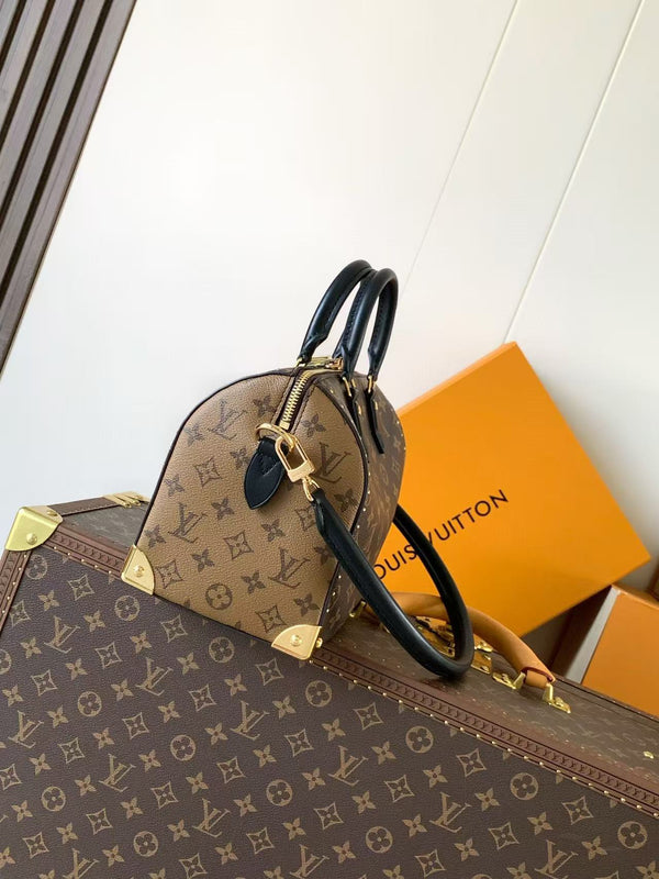 LV Speedy Trunk Bag 20cm Black Brown Cowhide Canvas