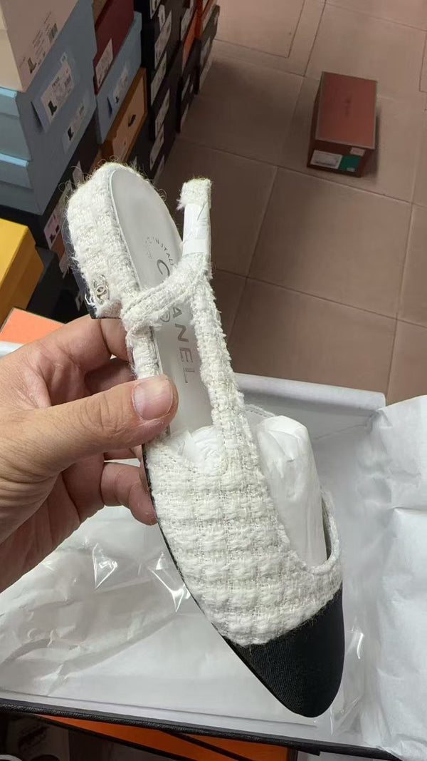 CC Cap Toe Flat Slingbacks White Black Tweed Fabric