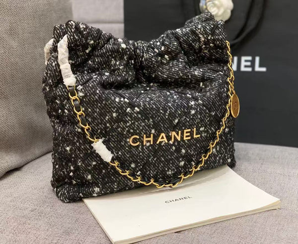 Chanel Hobo 39cm Bag Black Gray Tweed