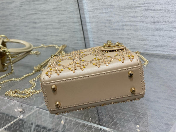 CD Lady Dior 17cm Bag Gold Diamond Silk