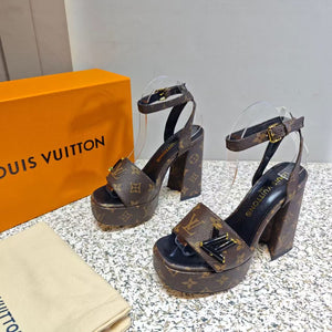 LV Shake Sandals 11cm High Block Heel Brown Monogram Leather