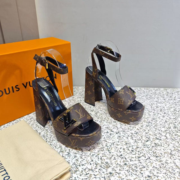 LV Shake Sandals 11cm High Block Heel Brown Monogram Leather