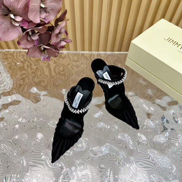 Jimmy Choo 2025 Flocked Velvet Striped Black Mesh Bing 100 Pumps With Crystals