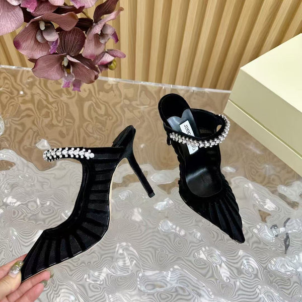 Jimmy Choo 2025 Flocked Velvet Striped Black Mesh Bing 100 Pumps With Crystals