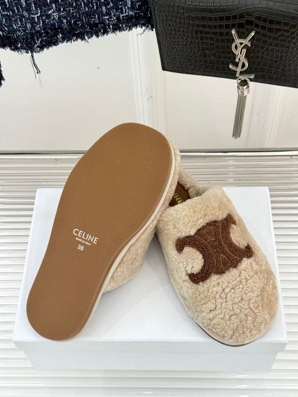 CL Elena Mule in Shearling 10mm Dark Beige Brown Wool