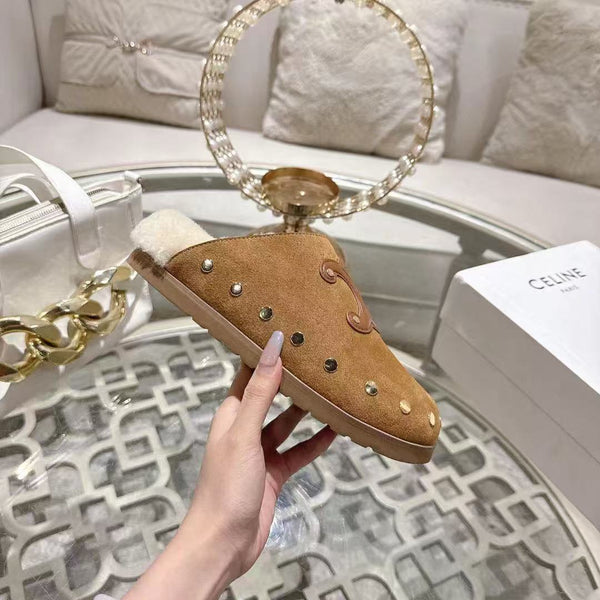 Celine 25 Rivet Birkenstock Slippers Brown Suede Shearling