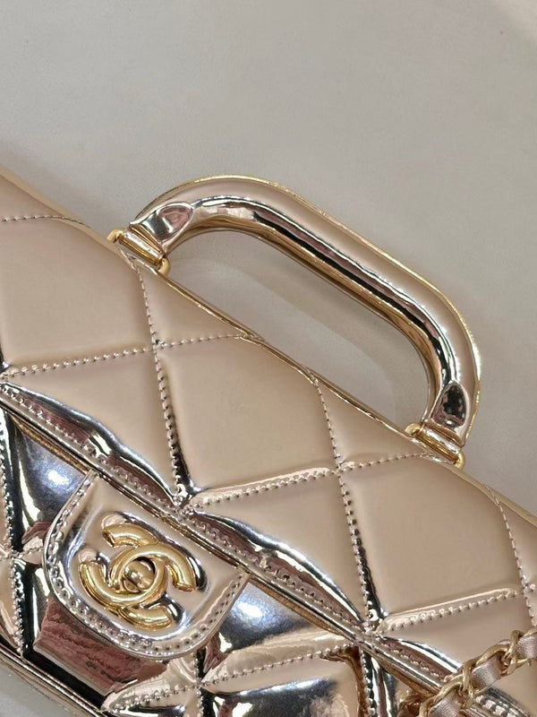 CC 25K Large Flap Bag with Top Handle Chain Strap Gold Metalic Patent Calfskin GHW