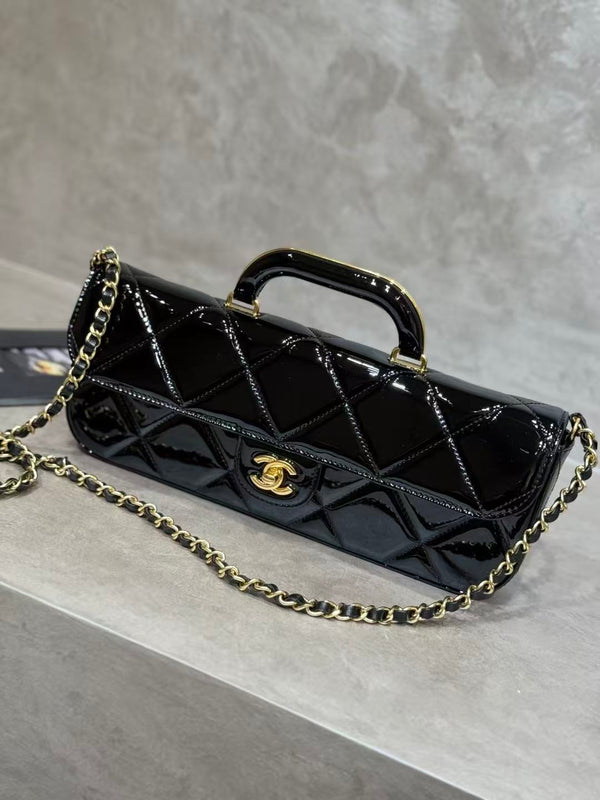 CC 25K Large Flap Bag with Top Handle Chain Strap Black Patent Calfskin GHW