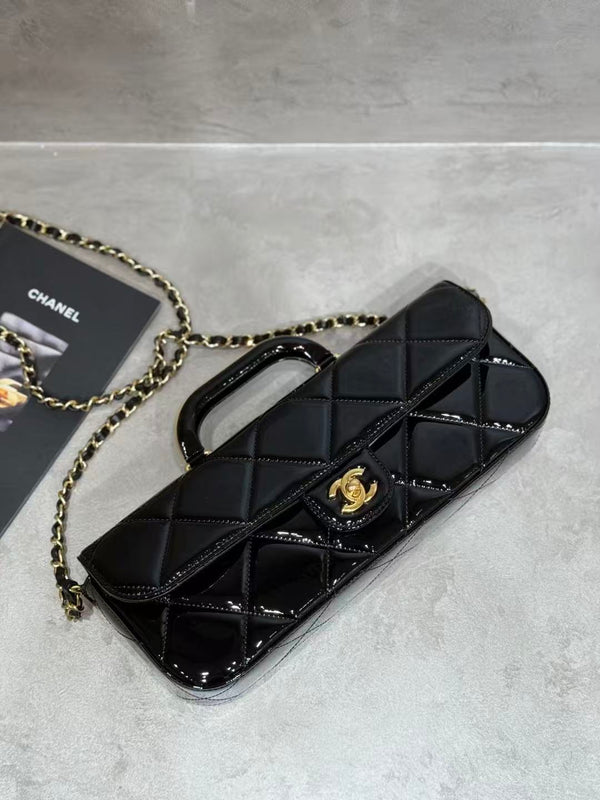 CC 25K Large Flap Bag with Top Handle Chain Strap Black Patent Calfskin GHW