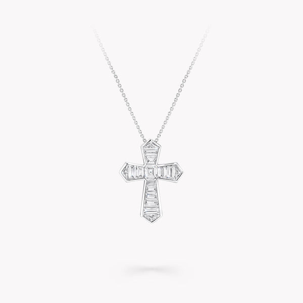 BAGUETTE CUT SILVER DIAMOND CROSS NECKLACE