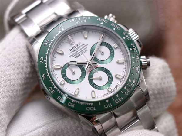 DAYTONA 40MM STEEL CASE GREEN BEZEL WHITE DIAL