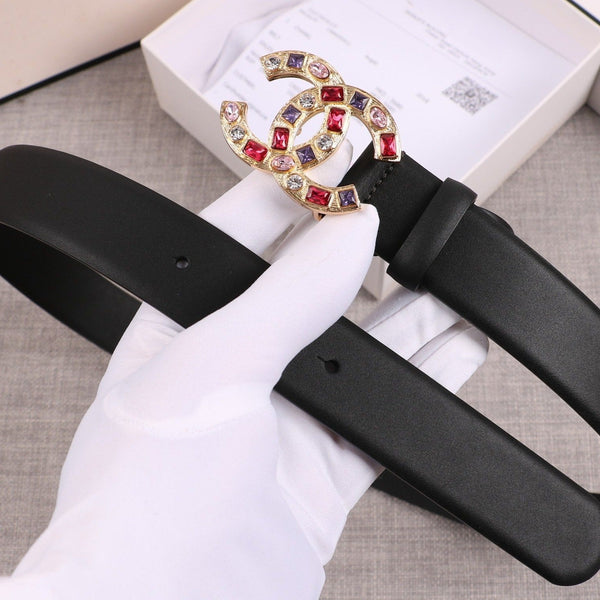 CINTURA DA DONNA CC CON FIBBIA IN PELLE NERA ORO 3,0 CM