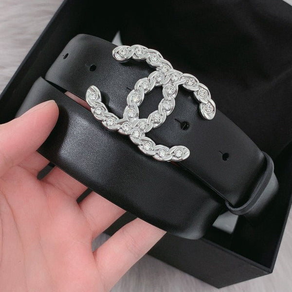 CC WOMEN'S BELT 3.0CM LEATHER BLACK BUCKLE SILVER DIAMOND