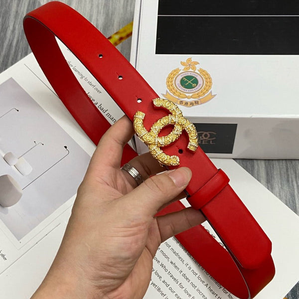 CINTURA CC FIBBIA 30MM ORO DIAMANTE PELLE ROSSA