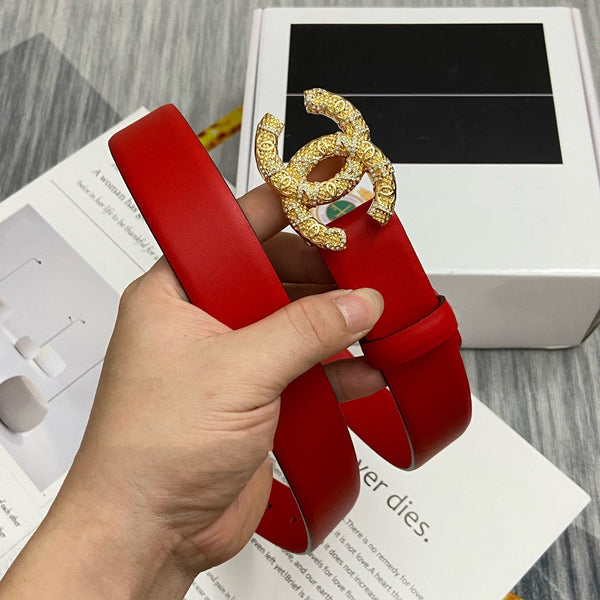 CINTURA CC FIBBIA 30MM ORO DIAMANTE PELLE ROSSA