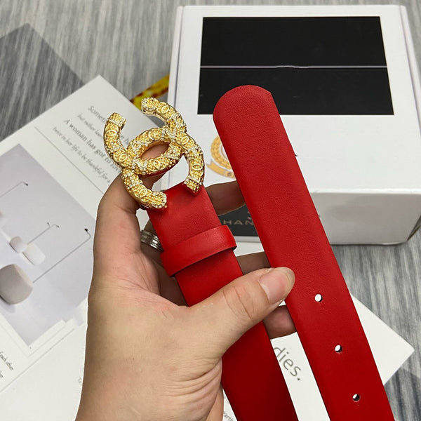 CINTURA CC FIBBIA 30MM ORO DIAMANTE PELLE ROSSA