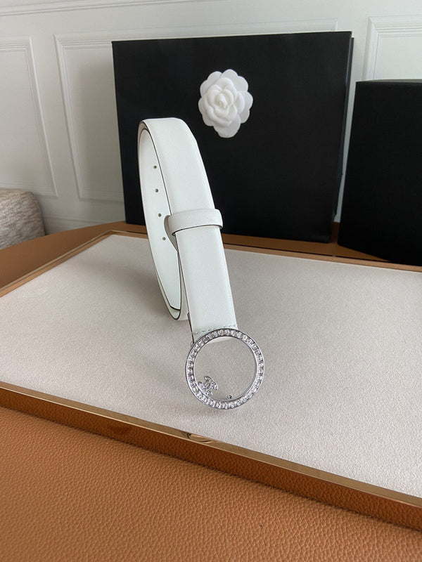 CINTURA CC FIBBIA 30MM ARGENTO DIAMANTE PELLE BIANCA