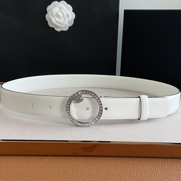 CINTURA CC FIBBIA 30MM ARGENTO DIAMANTE PELLE BIANCA