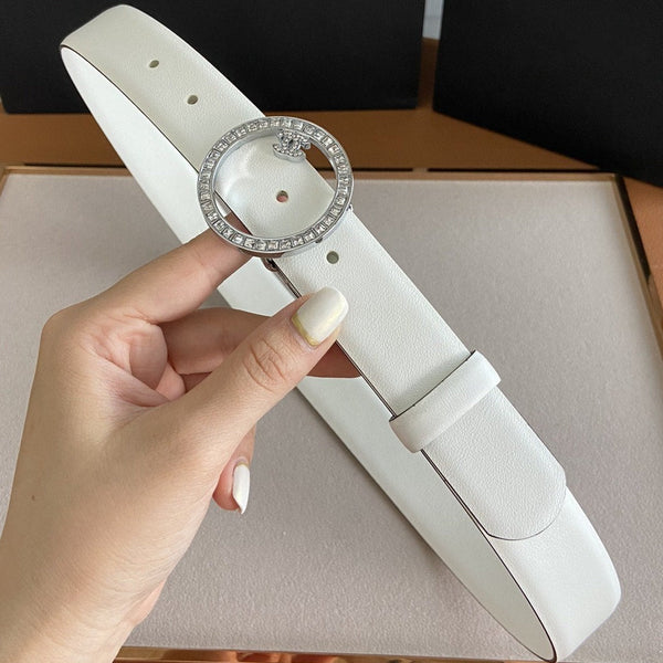 CINTURA CC FIBBIA 30MM ARGENTO DIAMANTE PELLE BIANCA