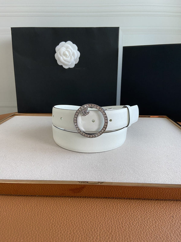 CINTURA CC FIBBIA 30MM ARGENTO DIAMANTE PELLE BIANCA