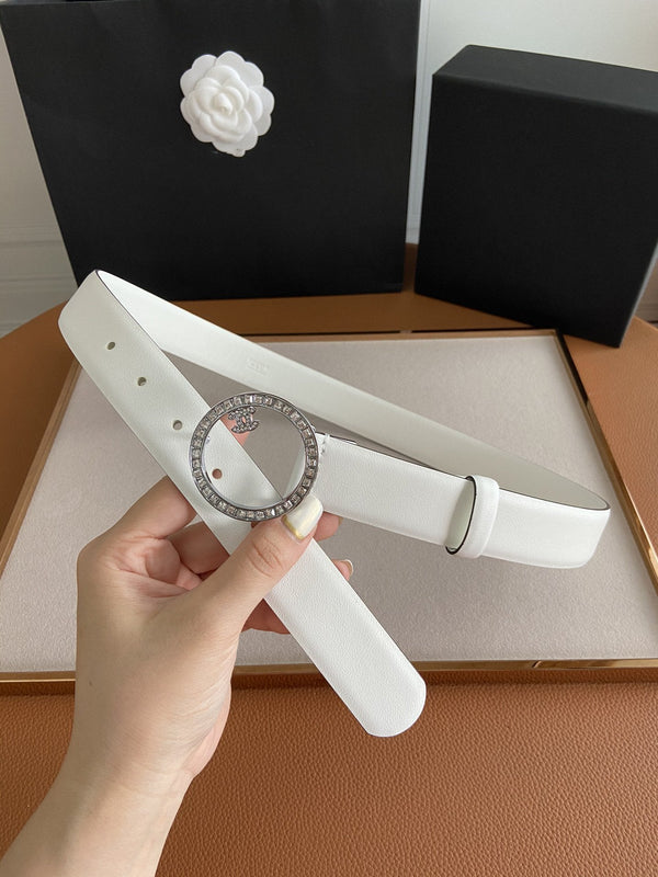 CINTURA CC FIBBIA 30MM ARGENTO DIAMANTE PELLE BIANCA