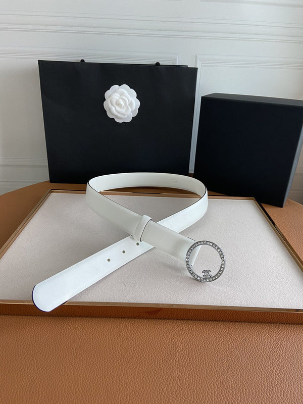 CINTURA CC FIBBIA 30MM ARGENTO DIAMANTE PELLE BIANCA