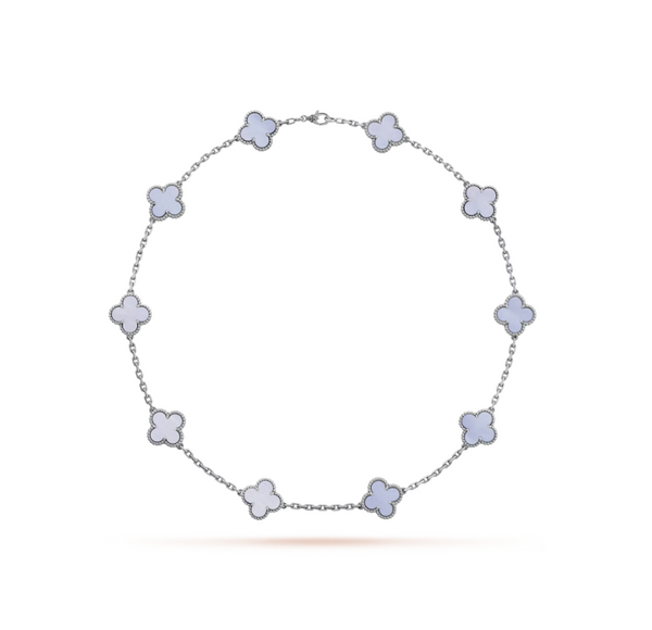 COLLANA IN ARGENTO E CALCEDONIO CON 10 MOTIVI A TRIFOGLIO