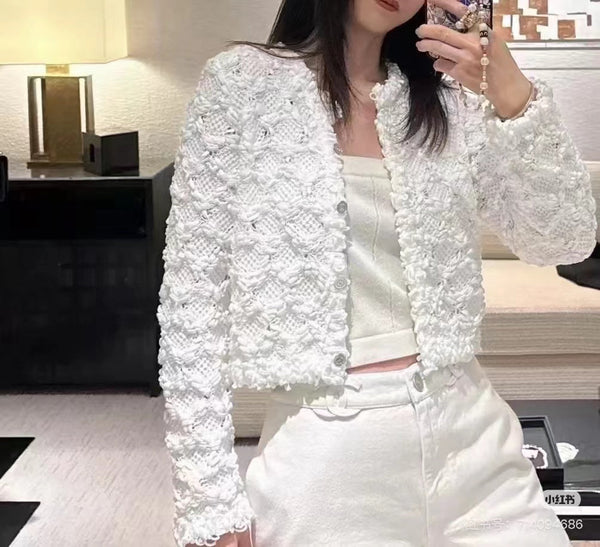 Chanel 25 White Knitted Viscose Fiber Coat