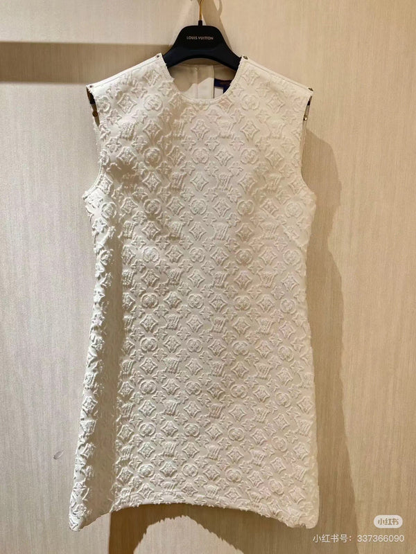 LV Fil Coupe Monogram Milky White Cotton Short Dress