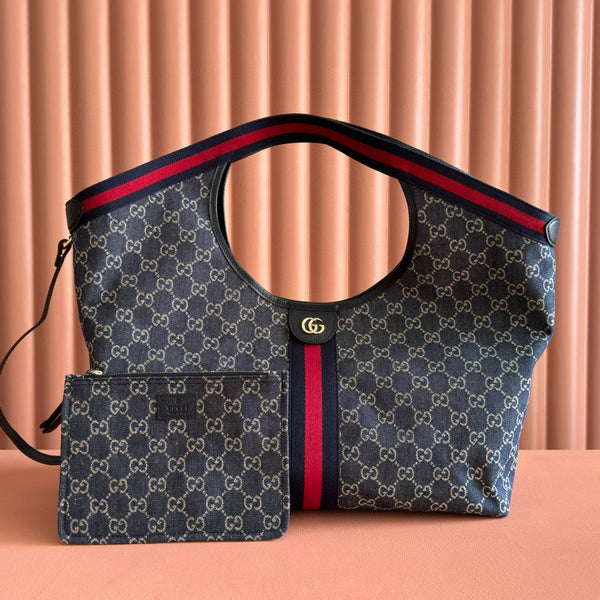 Borsa Gucci Giglio Large Tote in denim blu e rosso