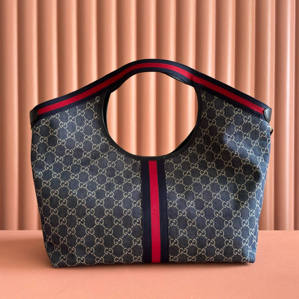 Gucci Giglio Large Tote Bag Blue and Red Denim