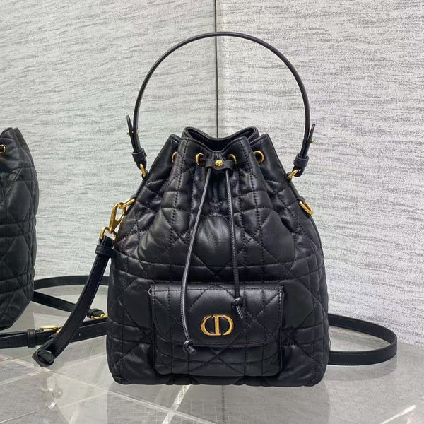 CD Caro Macrocannage Small Bucket Bag Black Lambskin