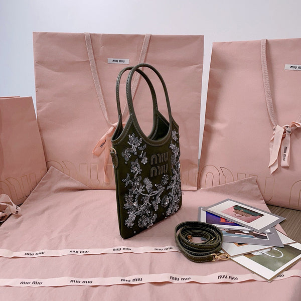 MIU IVY GABARDINE BAG 24CM IN OLIVE GREEN EMBROIDERED COTTON