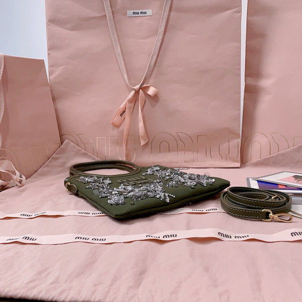 MIU IVY GABARDINE BAG 24CM IN OLIVE GREEN EMBROIDERED COTTON