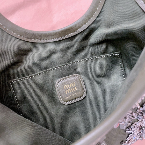 MIU IVY GABARDINE BAG 24CM IN OLIVE GREEN EMBROIDERED COTTON