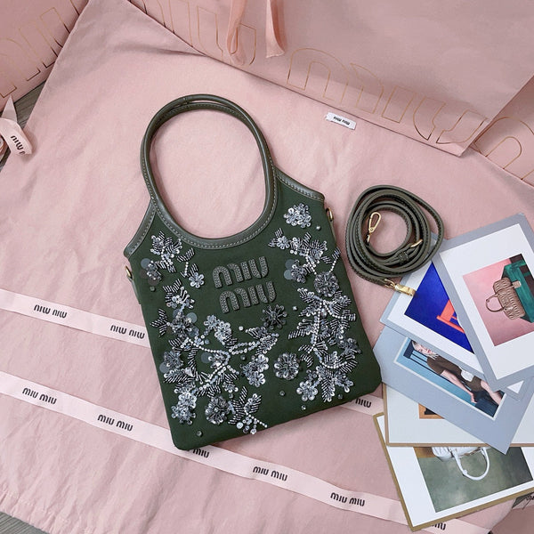 MIU IVY GABARDINE BAG 24CM IN OLIVE GREEN EMBROIDERED COTTON