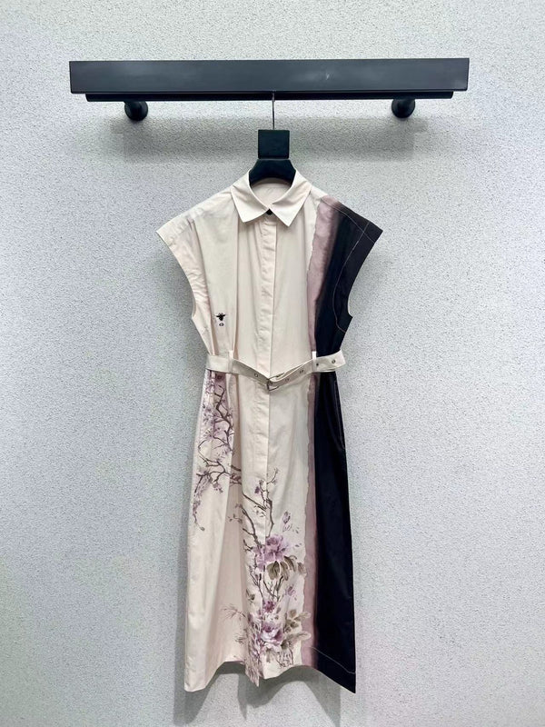 CD 25 Floral Dress With Belt Beige Cotton