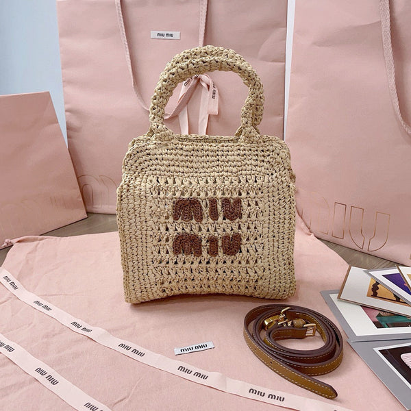 Miu Miu Tote Woven Bag Beige mix Brown Raffia