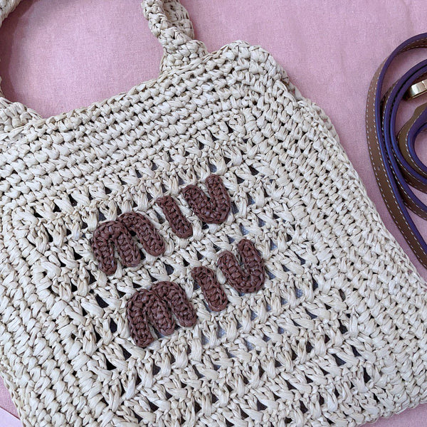 Miu Miu Tote Woven Bag Beige mix Brown Raffia