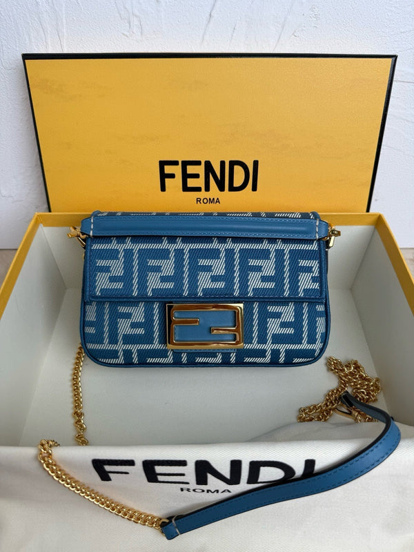 Fend Baguette 19cm Bag Gold Hardware in Blue Denim Leather with FF Motif Shw
